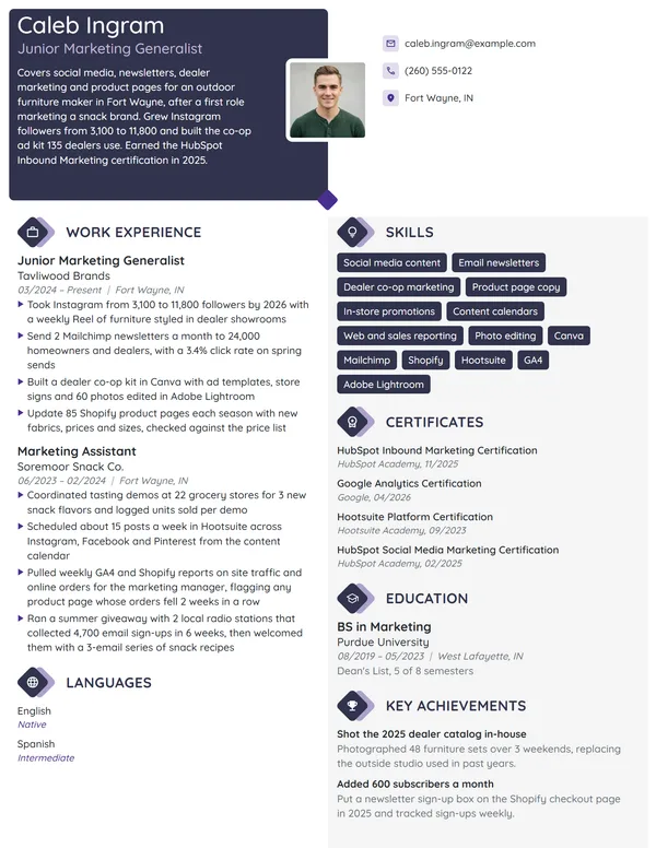 Junior Marketing Generalist resume example