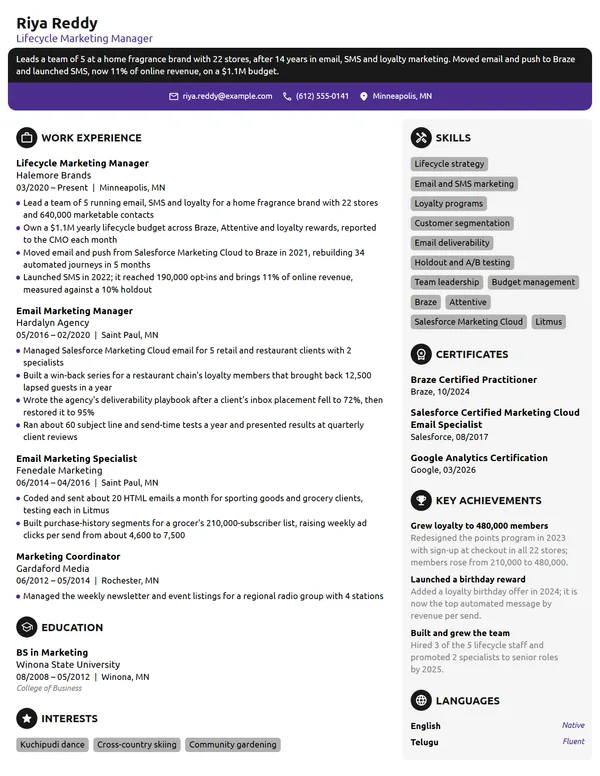 Lifecycle Marketing Manager resume example