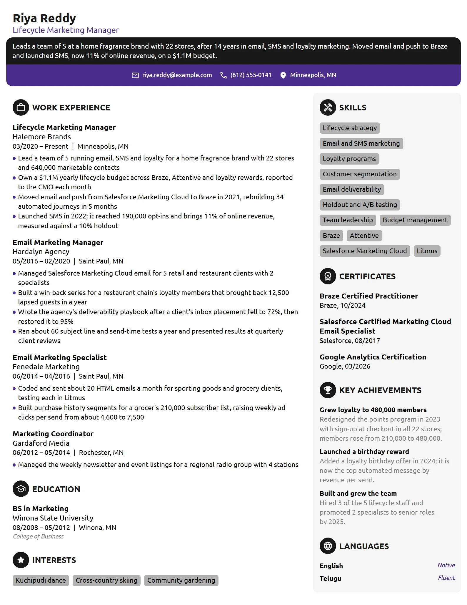 Lifecycle Marketing Manager resume example
