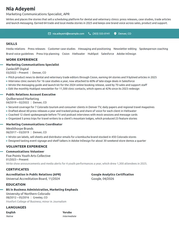 Marketing Communications Specialist resume example