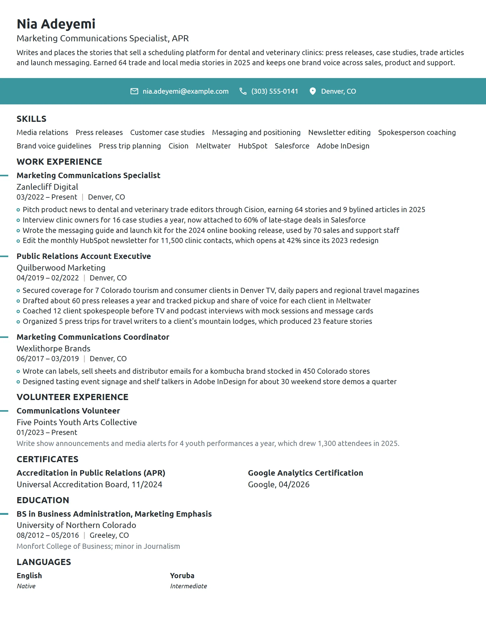 Marketing Communications Specialist resume example