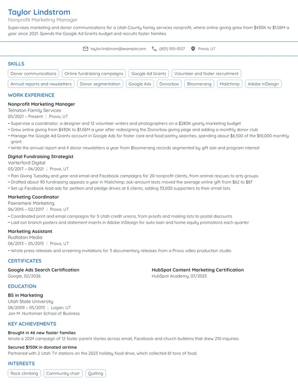 Nonprofit Marketing Manager resume example