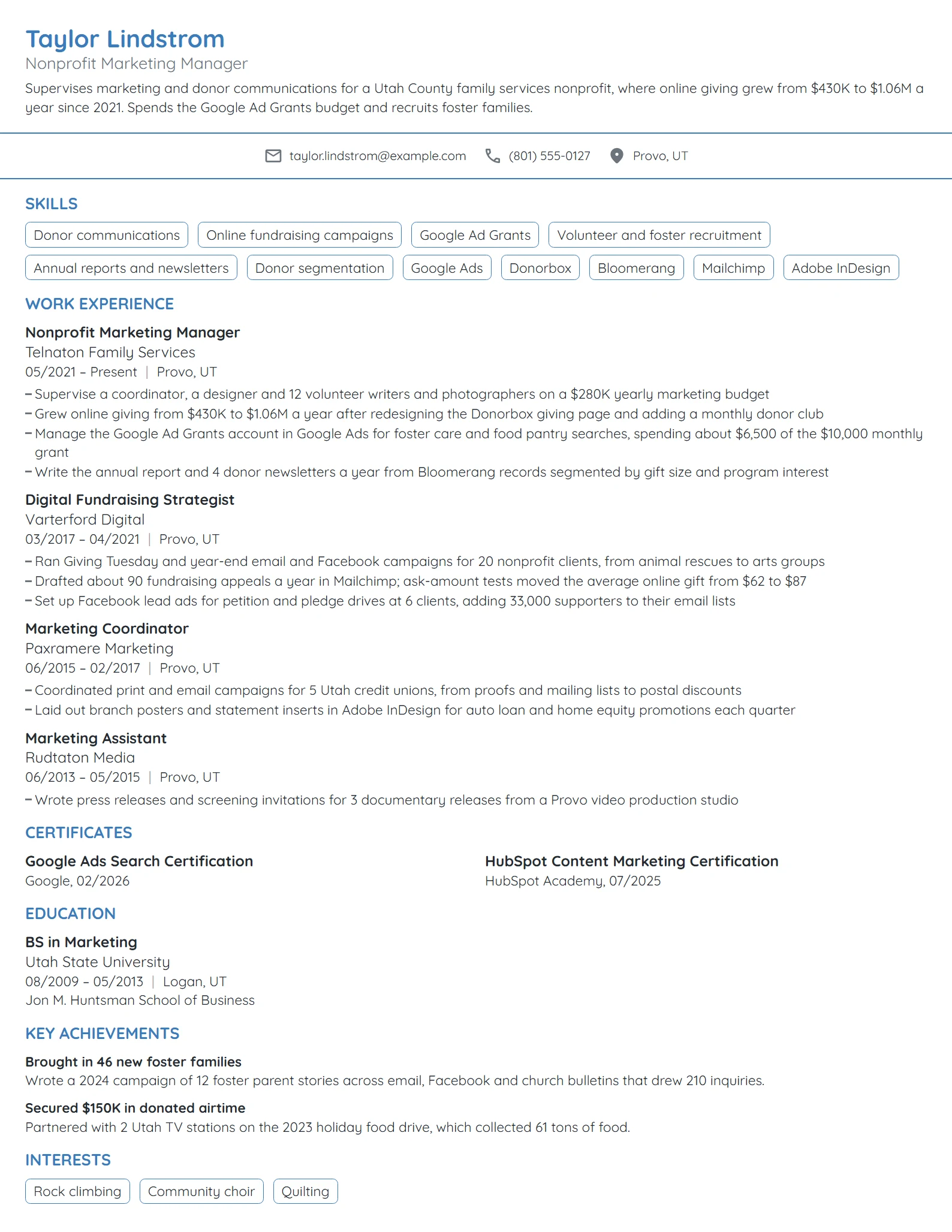 Nonprofit Marketing Manager resume example