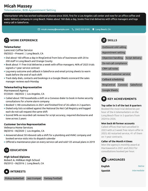 Telemarketer resume example