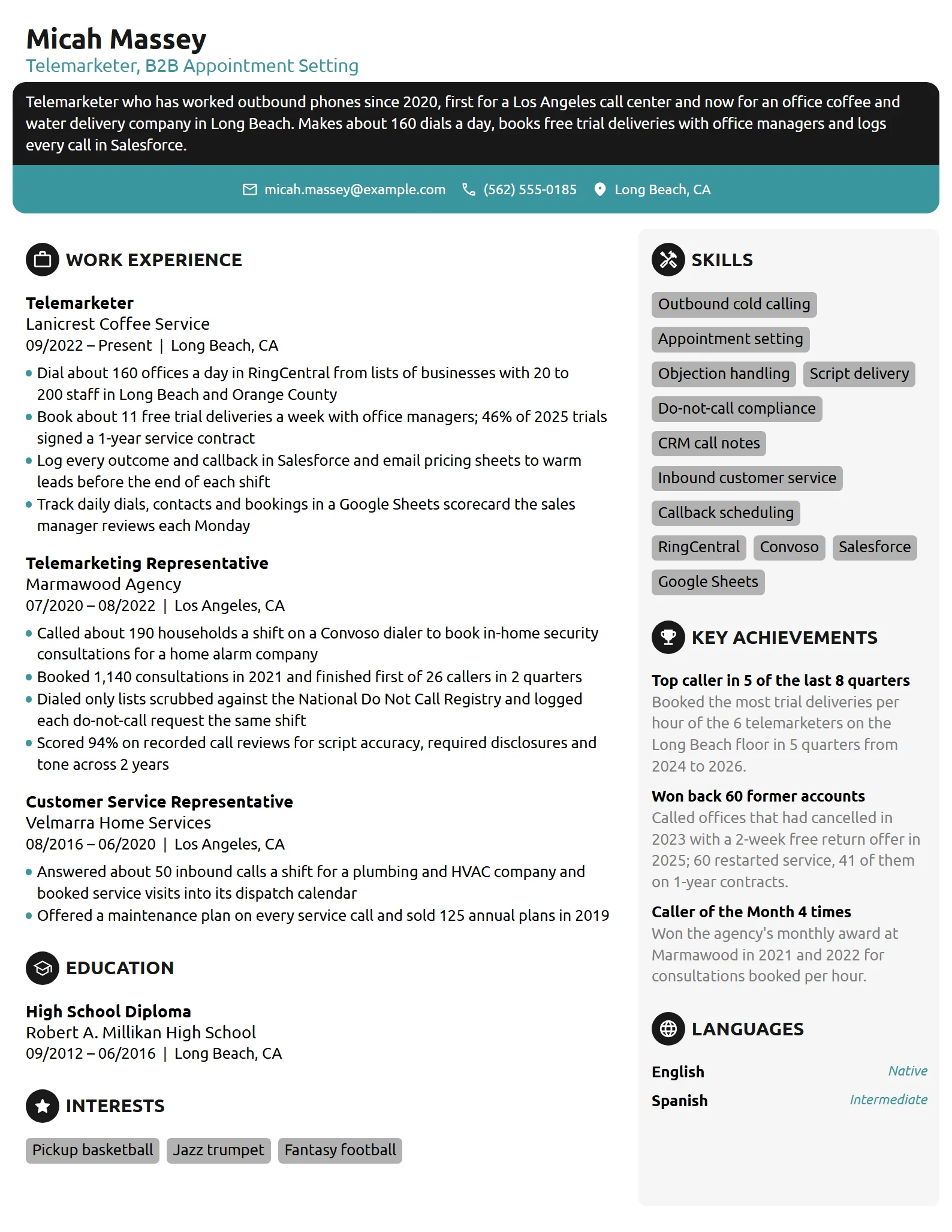 Telemarketer resume example