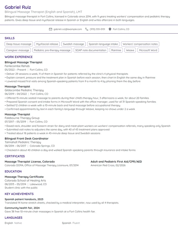 Bilingual Massage Therapist resume example