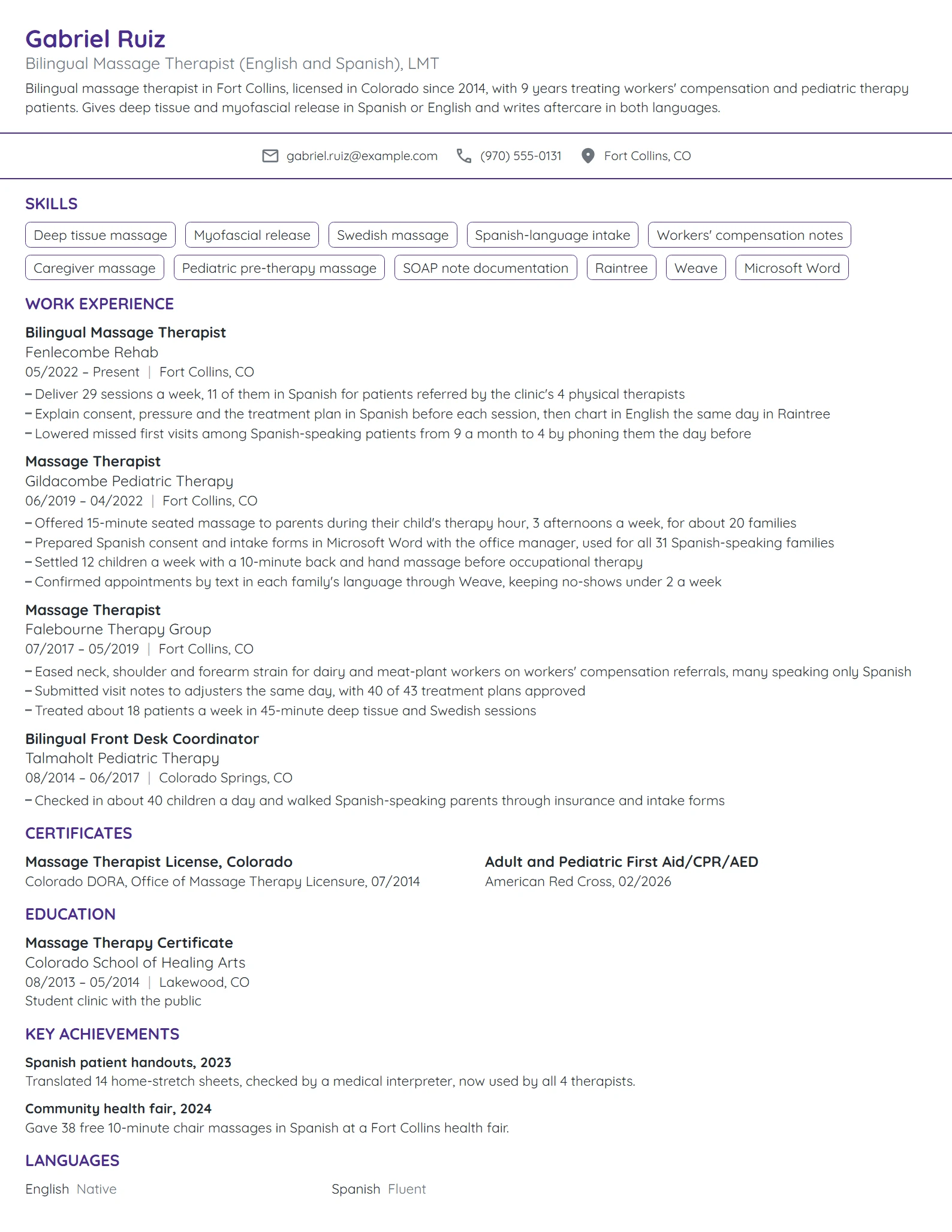 Bilingual Massage Therapist resume example