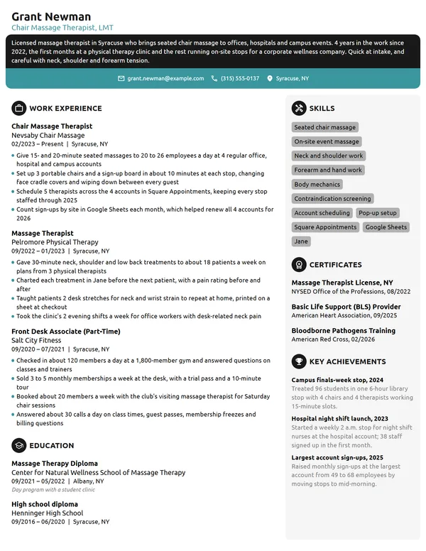 Chair Massage Therapist resume example