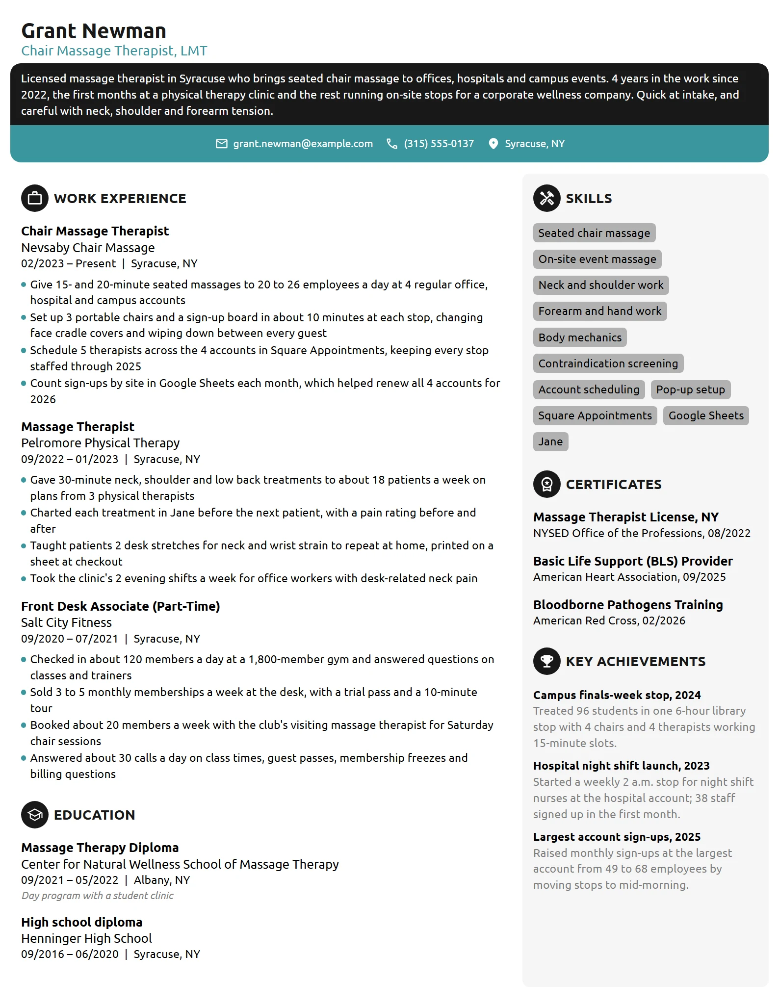 Chair Massage Therapist resume example