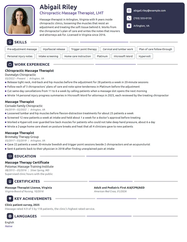Chiropractic Massage Therapist resume example