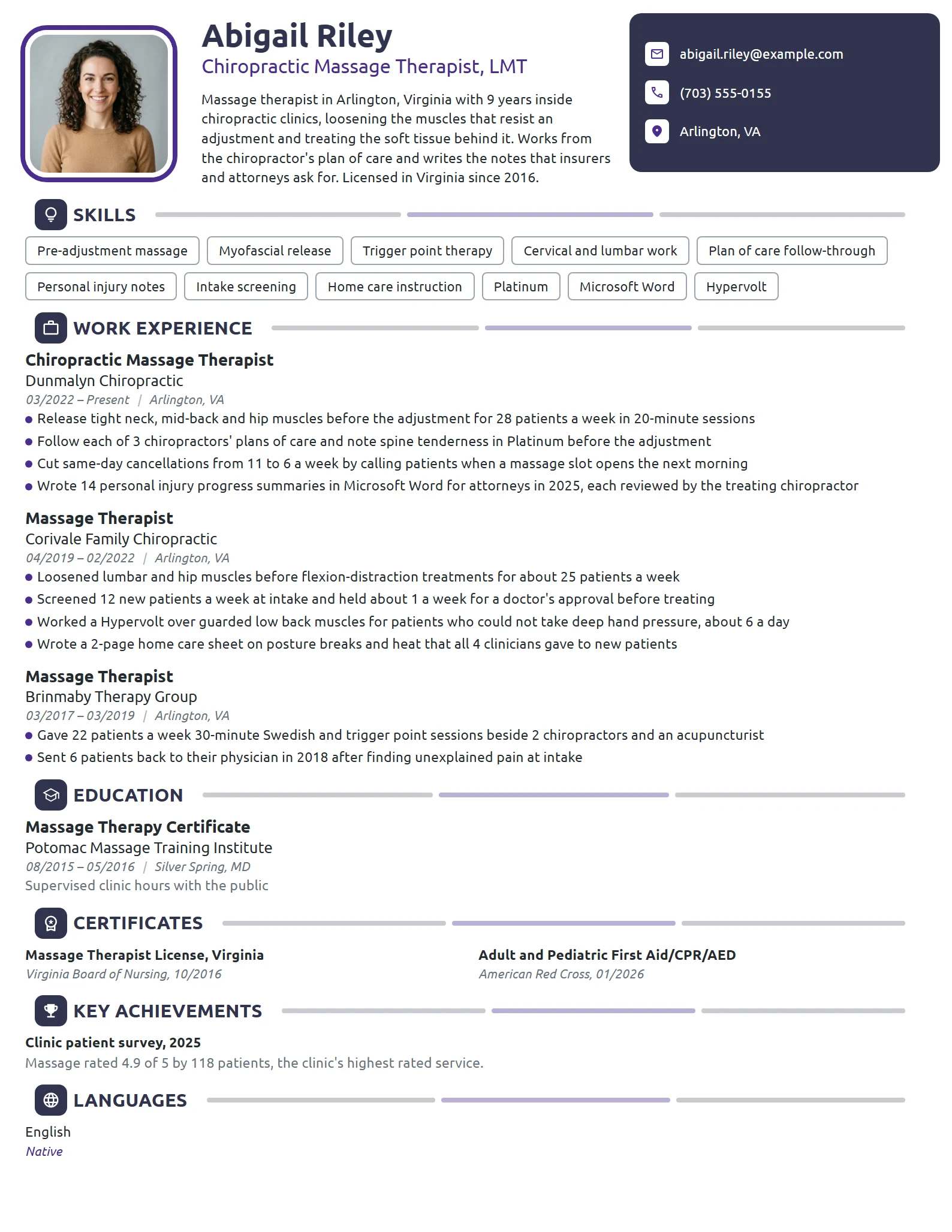 Chiropractic Massage Therapist resume example