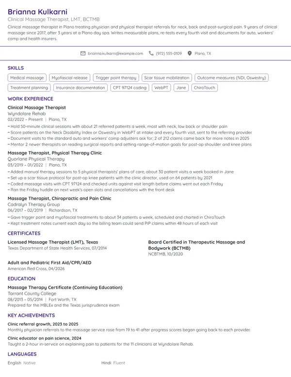 Clinical Massage Therapist resume example