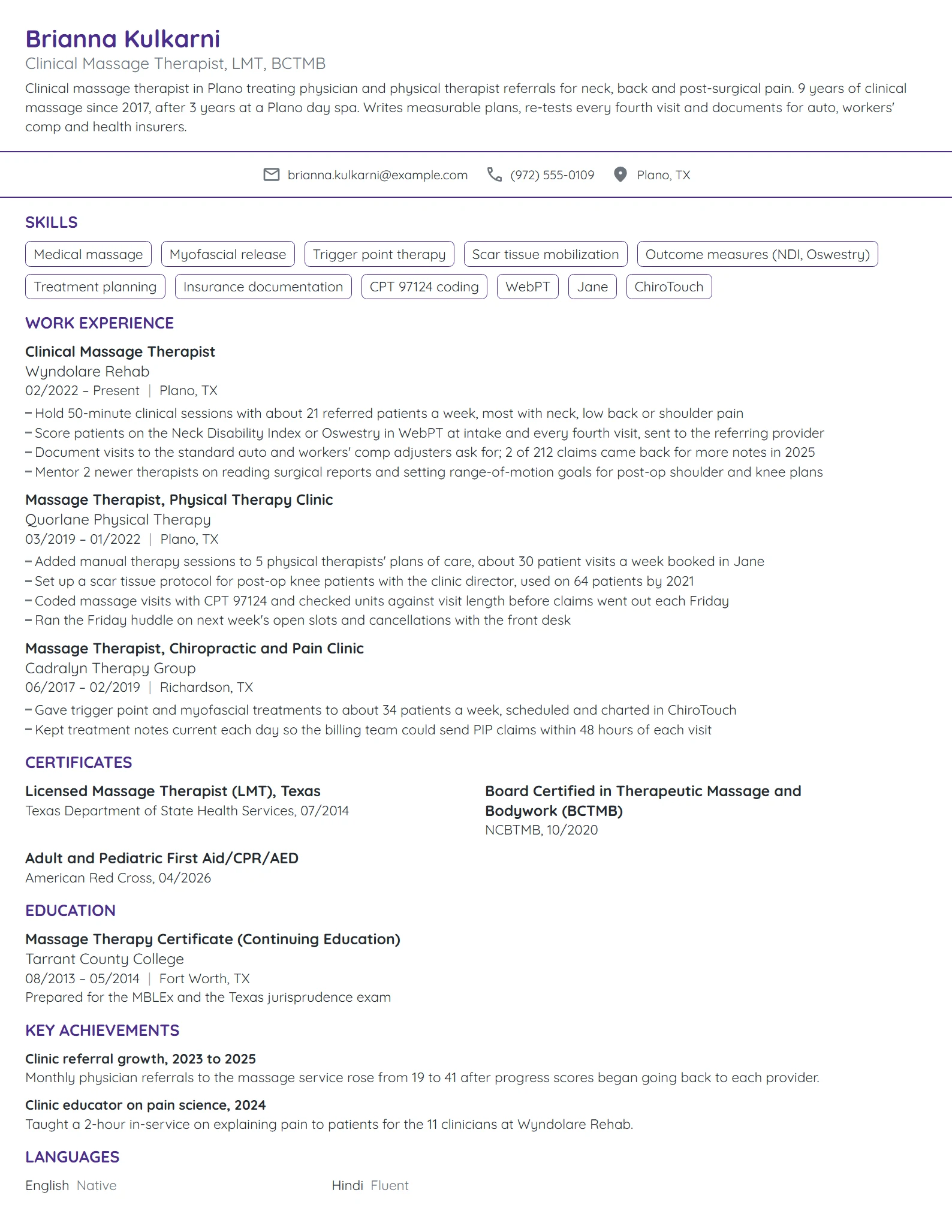 Clinical Massage Therapist resume example