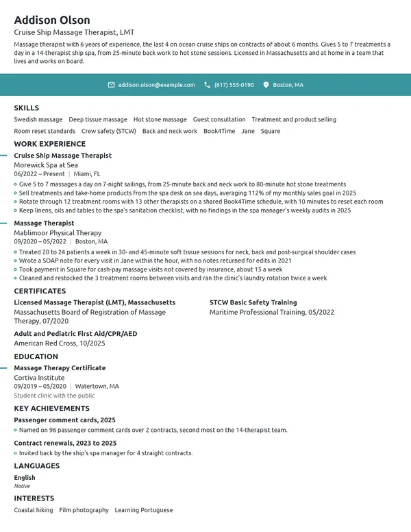 Cruise Ship Massage Therapist resume example