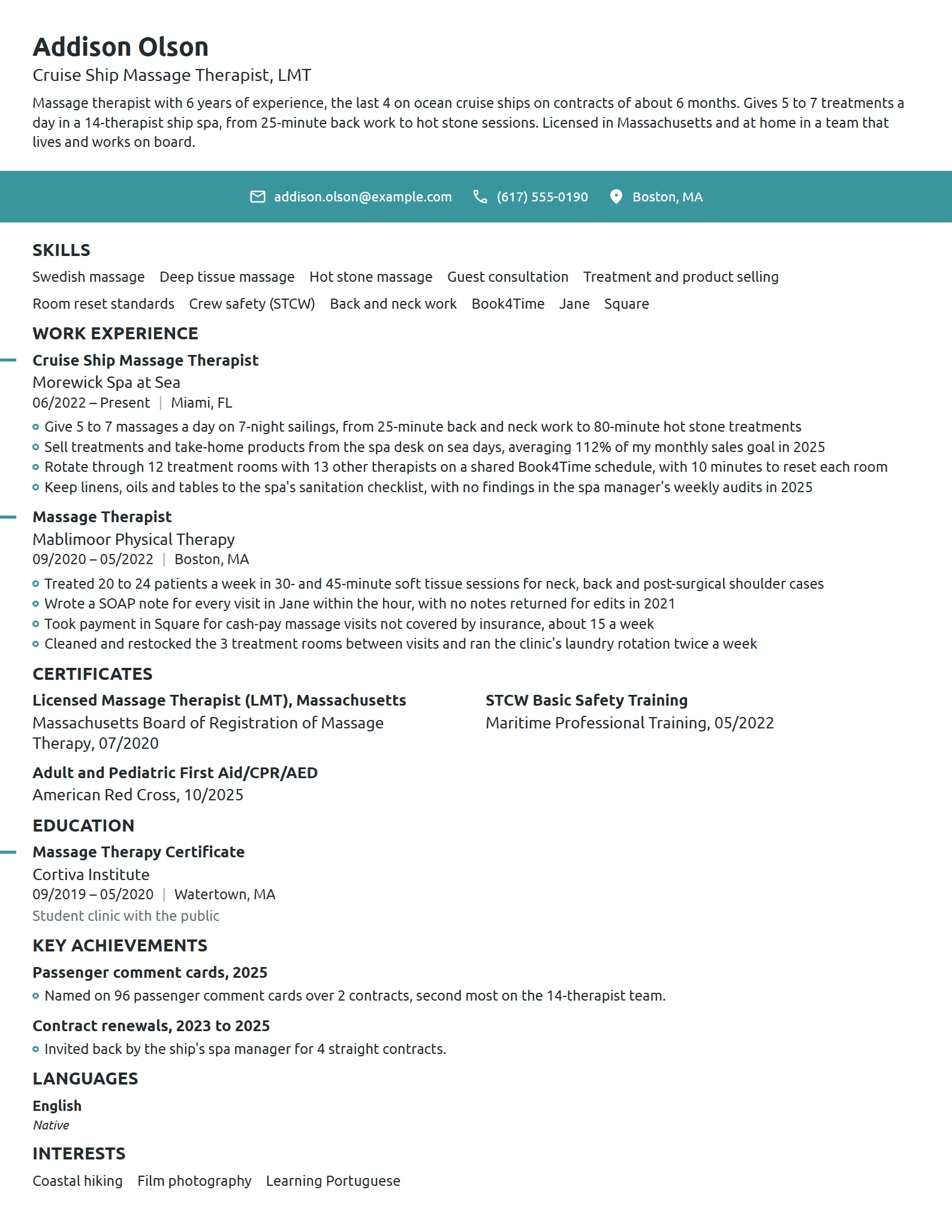 Cruise Ship Massage Therapist resume example