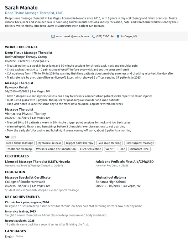 Deep Tissue Massage Therapist resume example