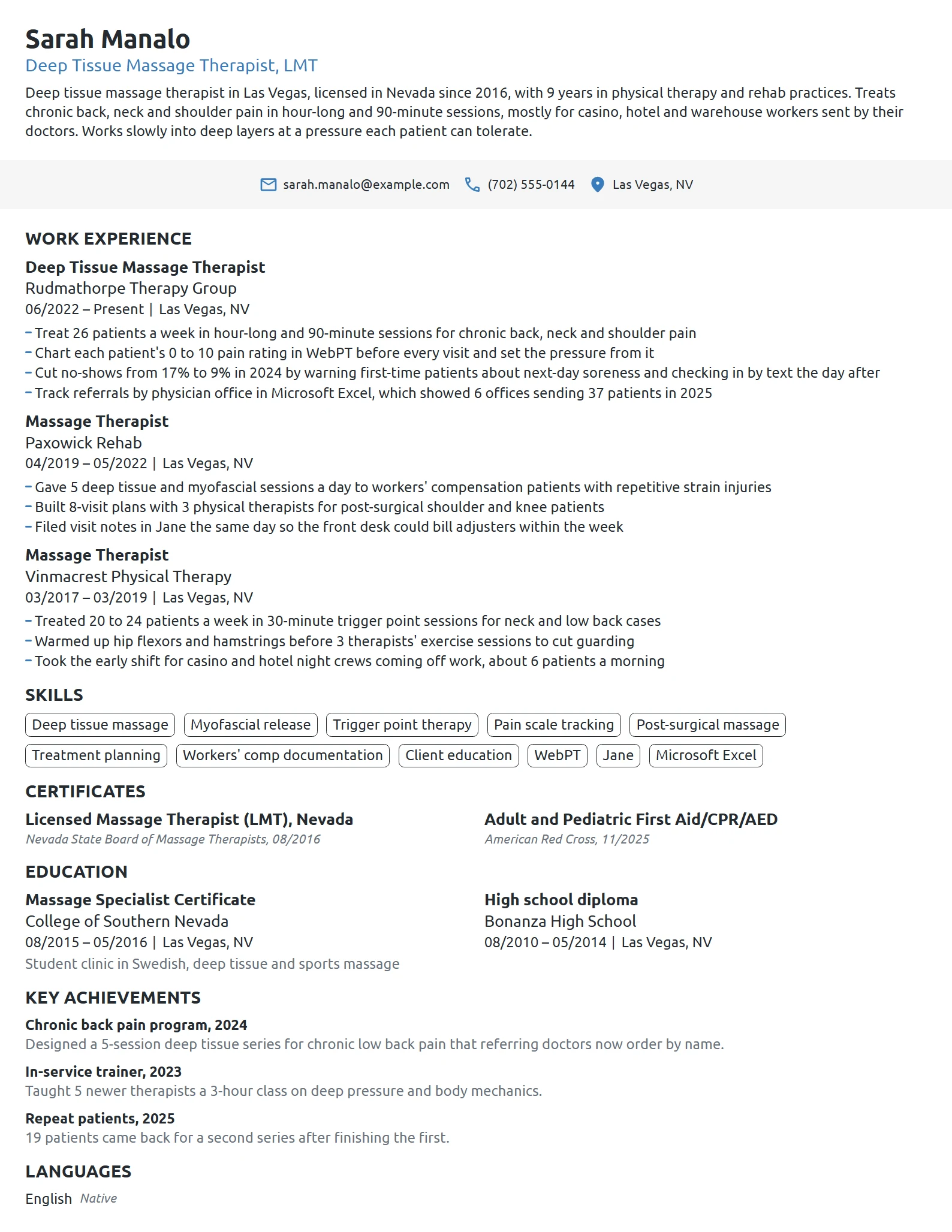 Deep Tissue Massage Therapist resume example