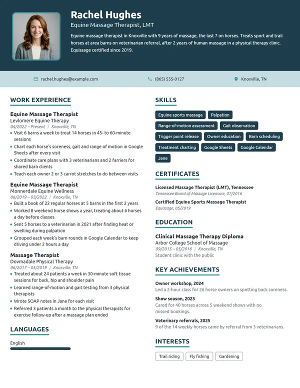 Equine Massage Therapist resume example