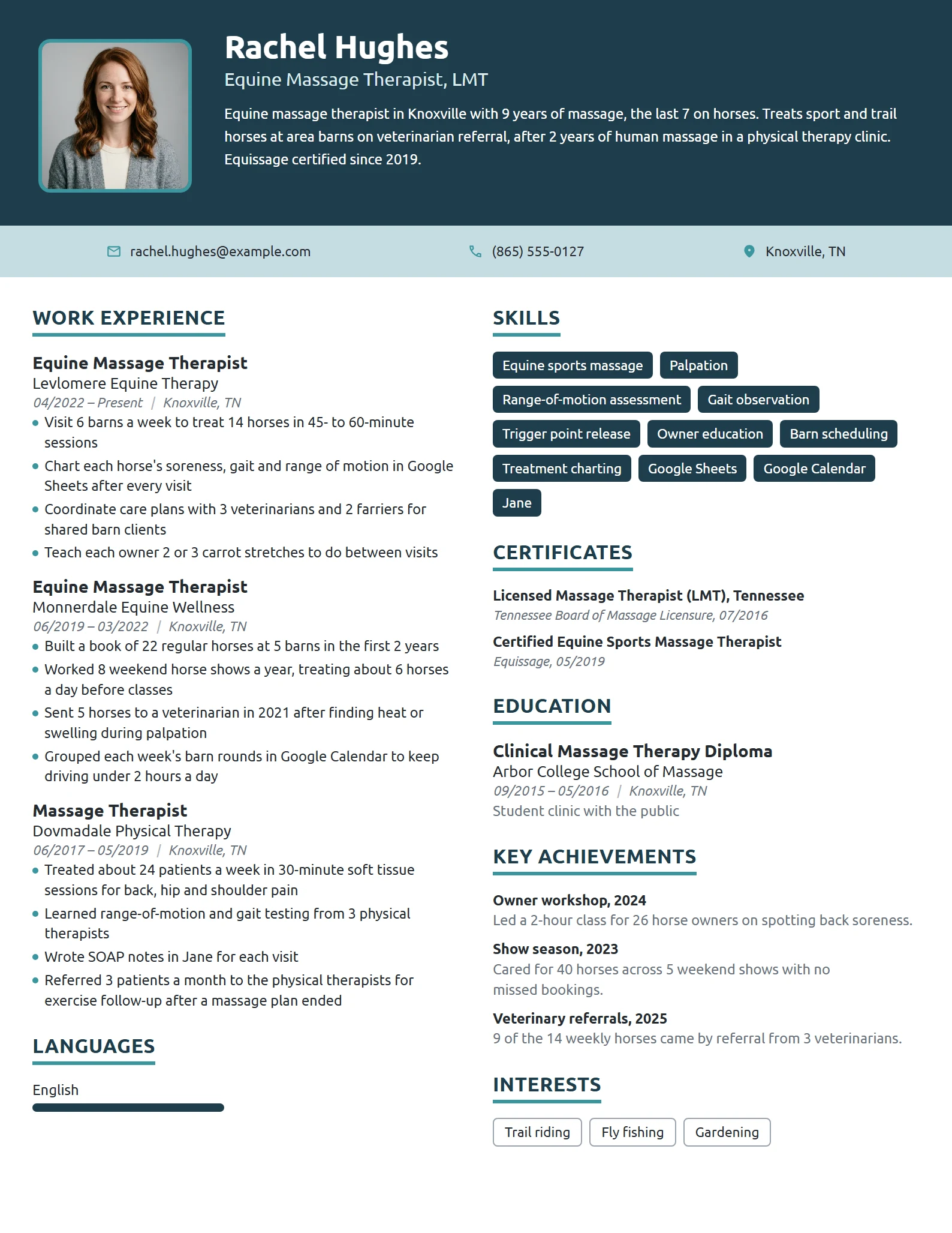 Equine Massage Therapist resume example