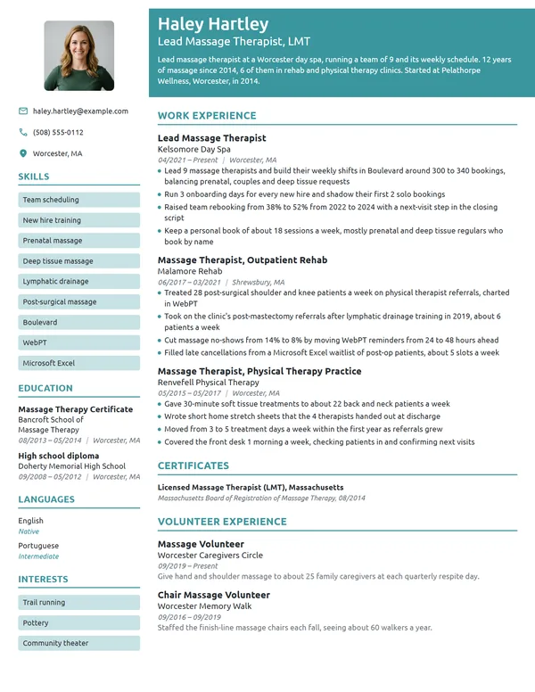 Lead Massage Therapist resume example