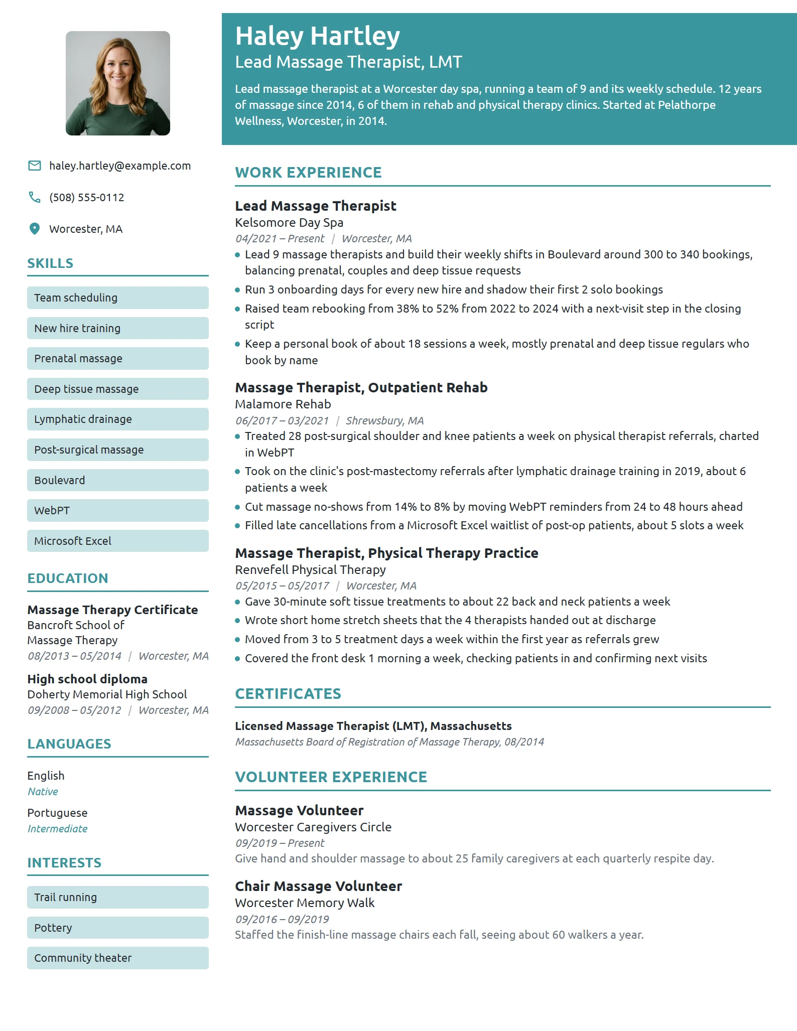 Lead Massage Therapist resume example