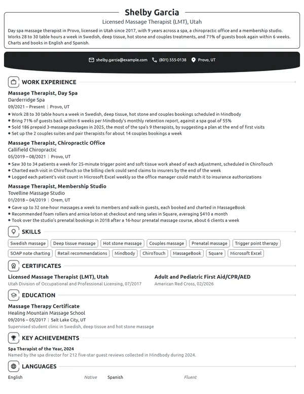 Massage Therapist resume example