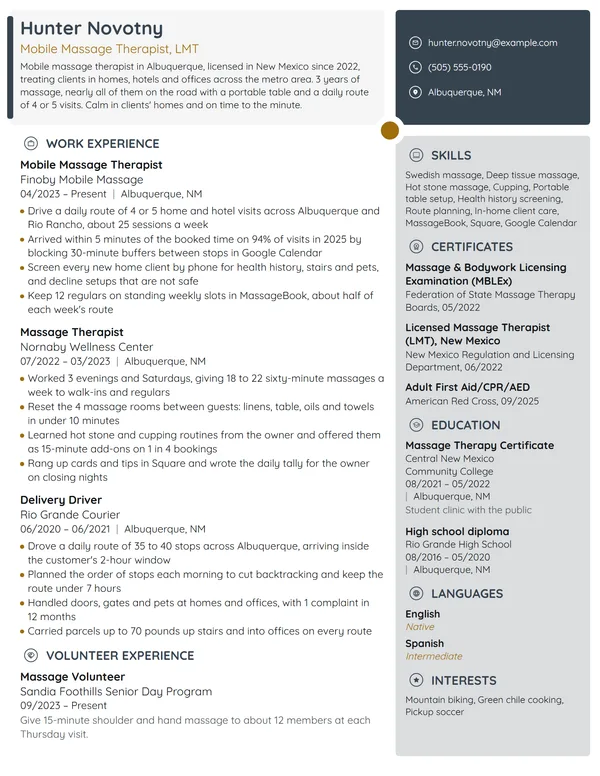 Mobile Massage Therapist resume example