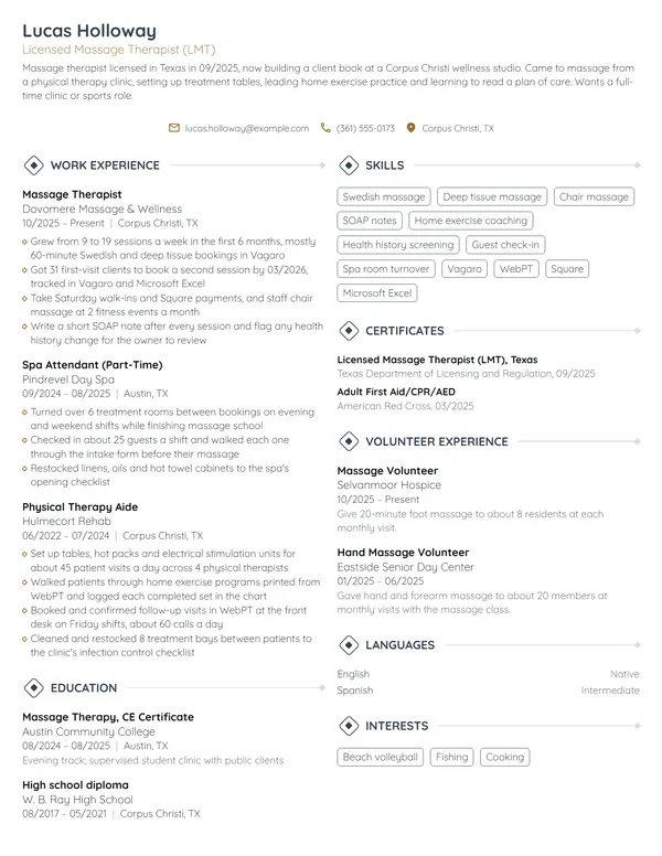 New Grad Massage Therapist resume example