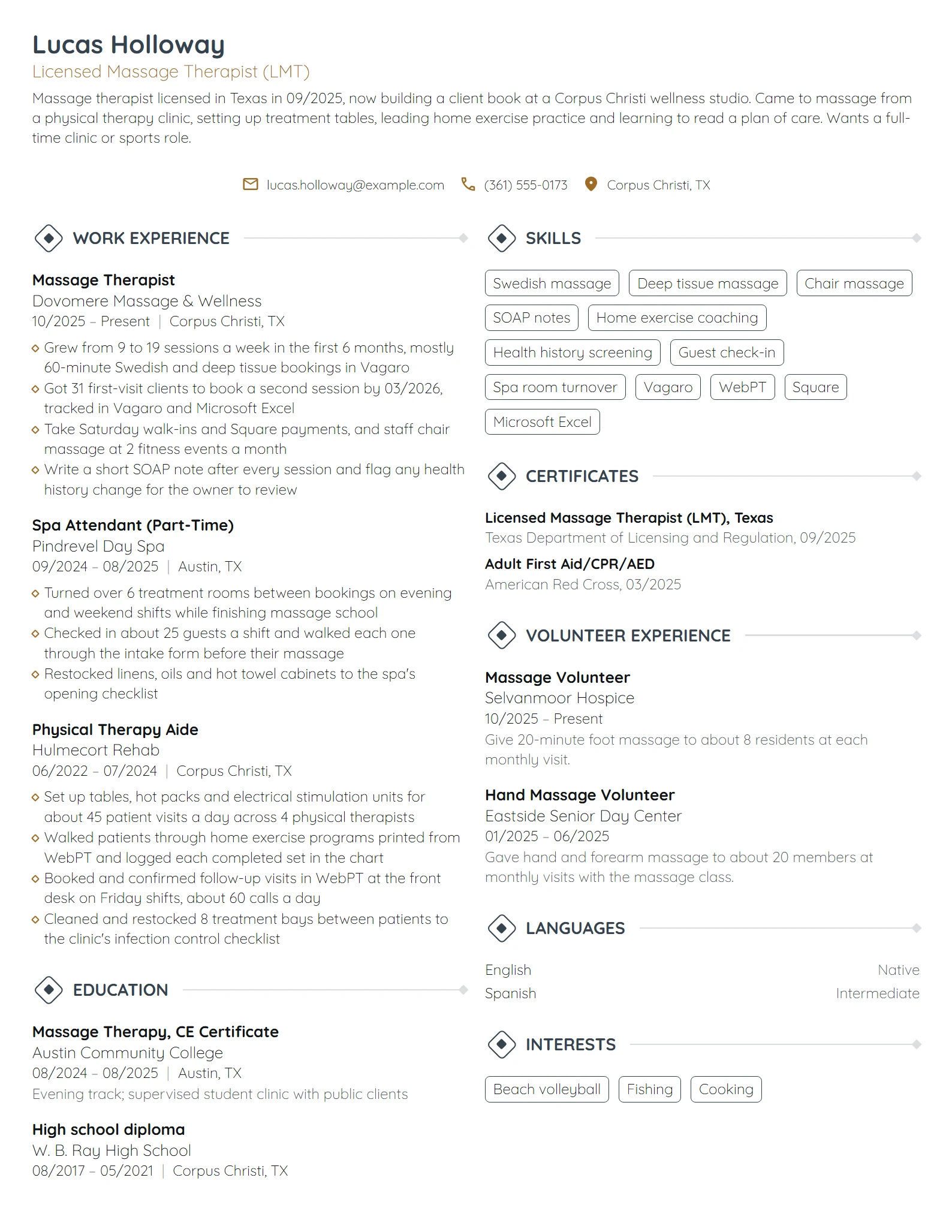 New Grad Massage Therapist resume example