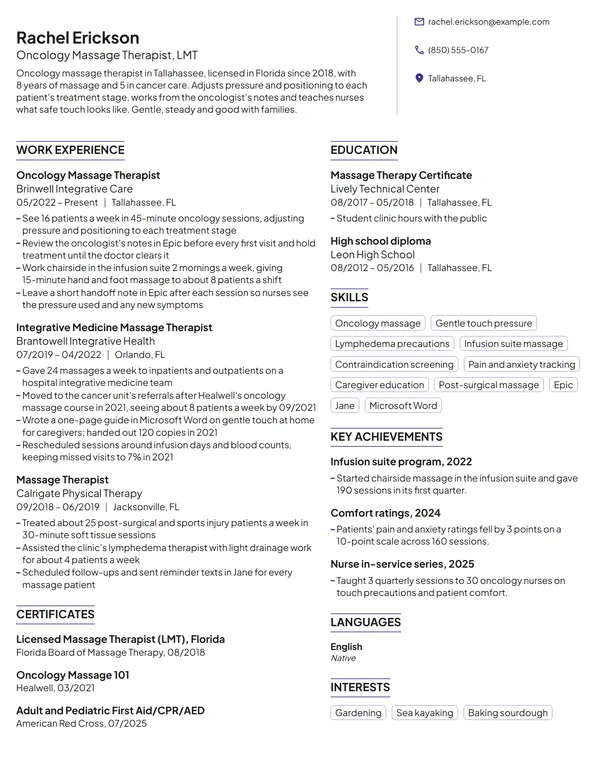 Oncology Massage Therapist resume example