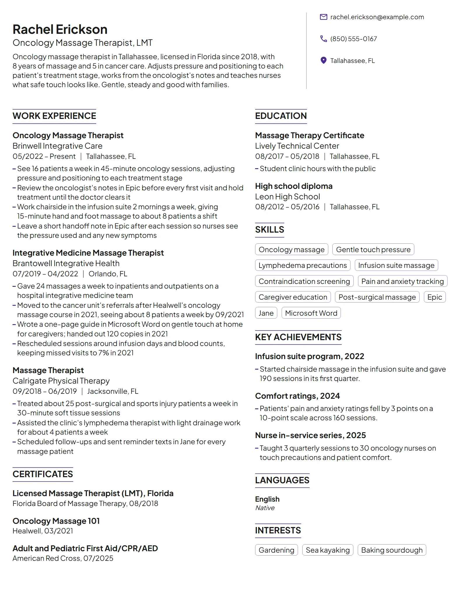 Oncology Massage Therapist resume example