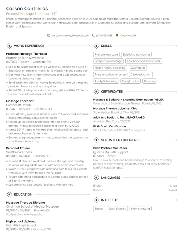 Prenatal Massage Therapist resume example
