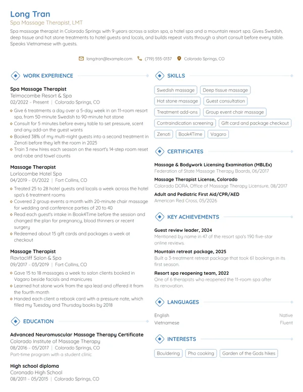 Spa Massage Therapist resume example