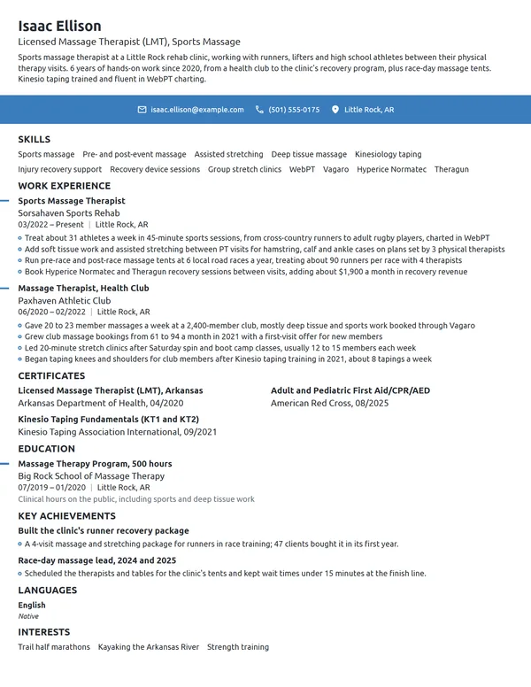 Sports Massage Therapist resume example