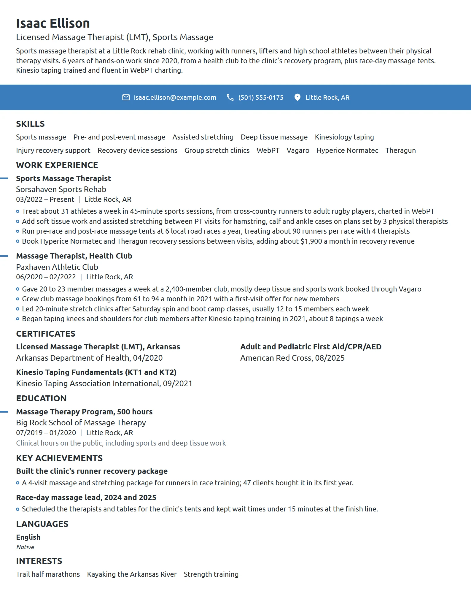 Sports Massage Therapist resume example