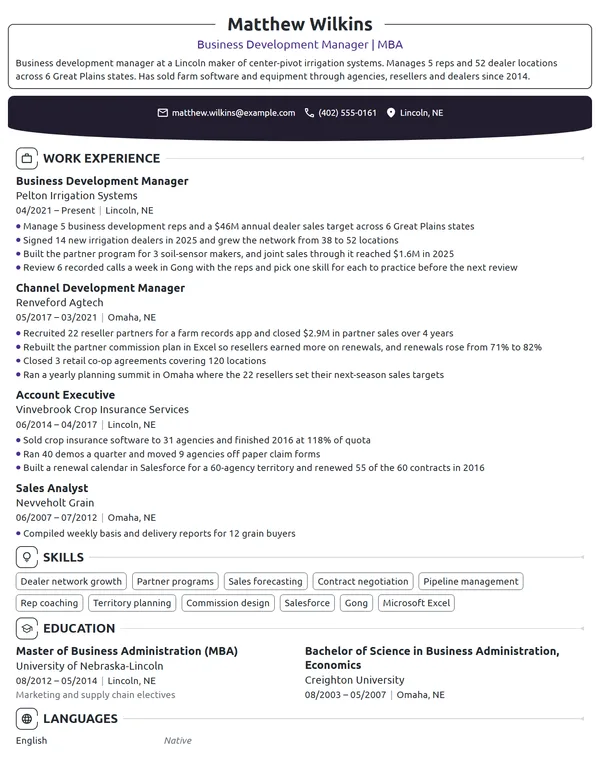 MBA Business Development Manager resume example