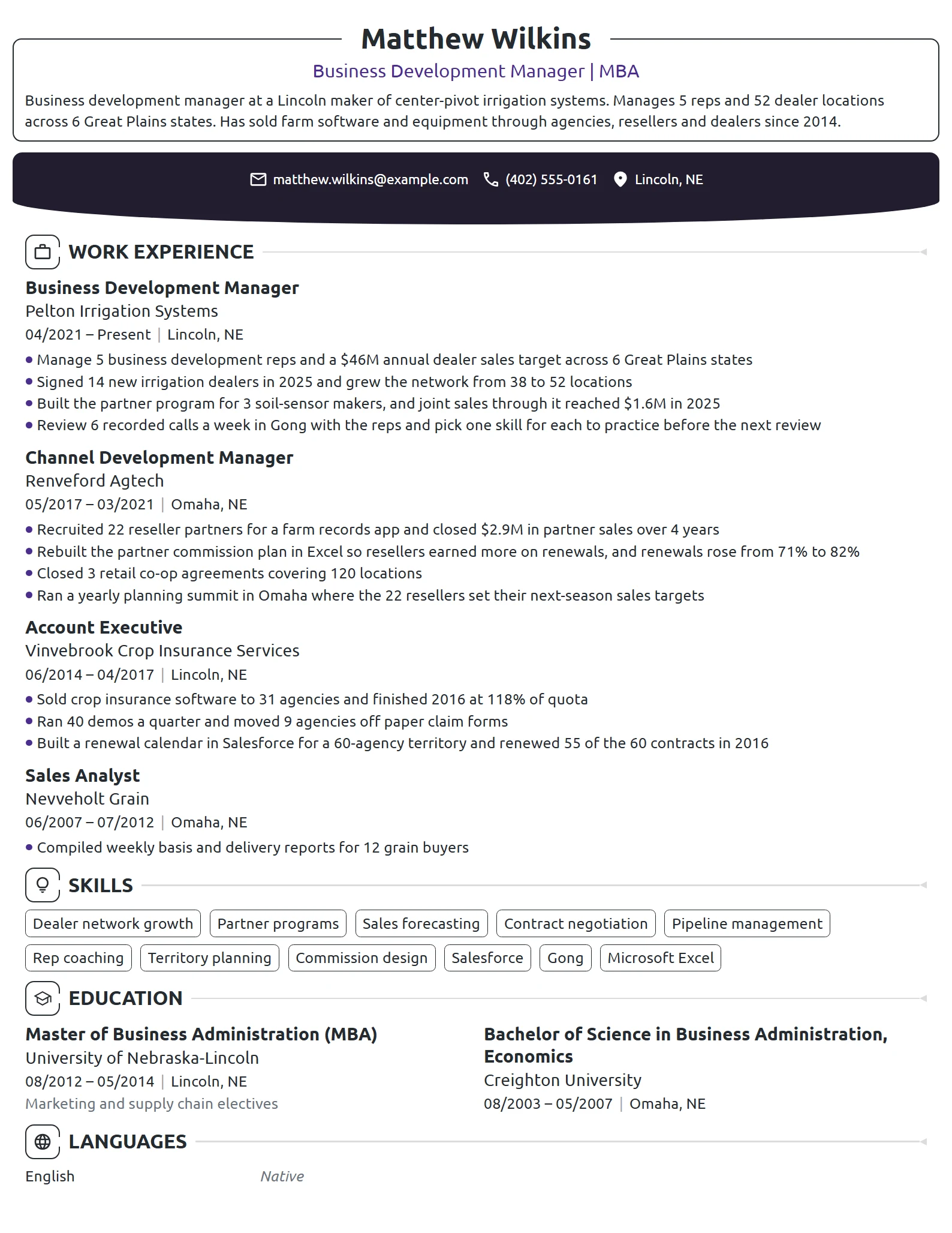 MBA Business Development Manager resume example