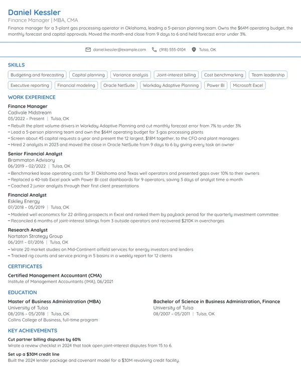 MBA Finance Manager resume example