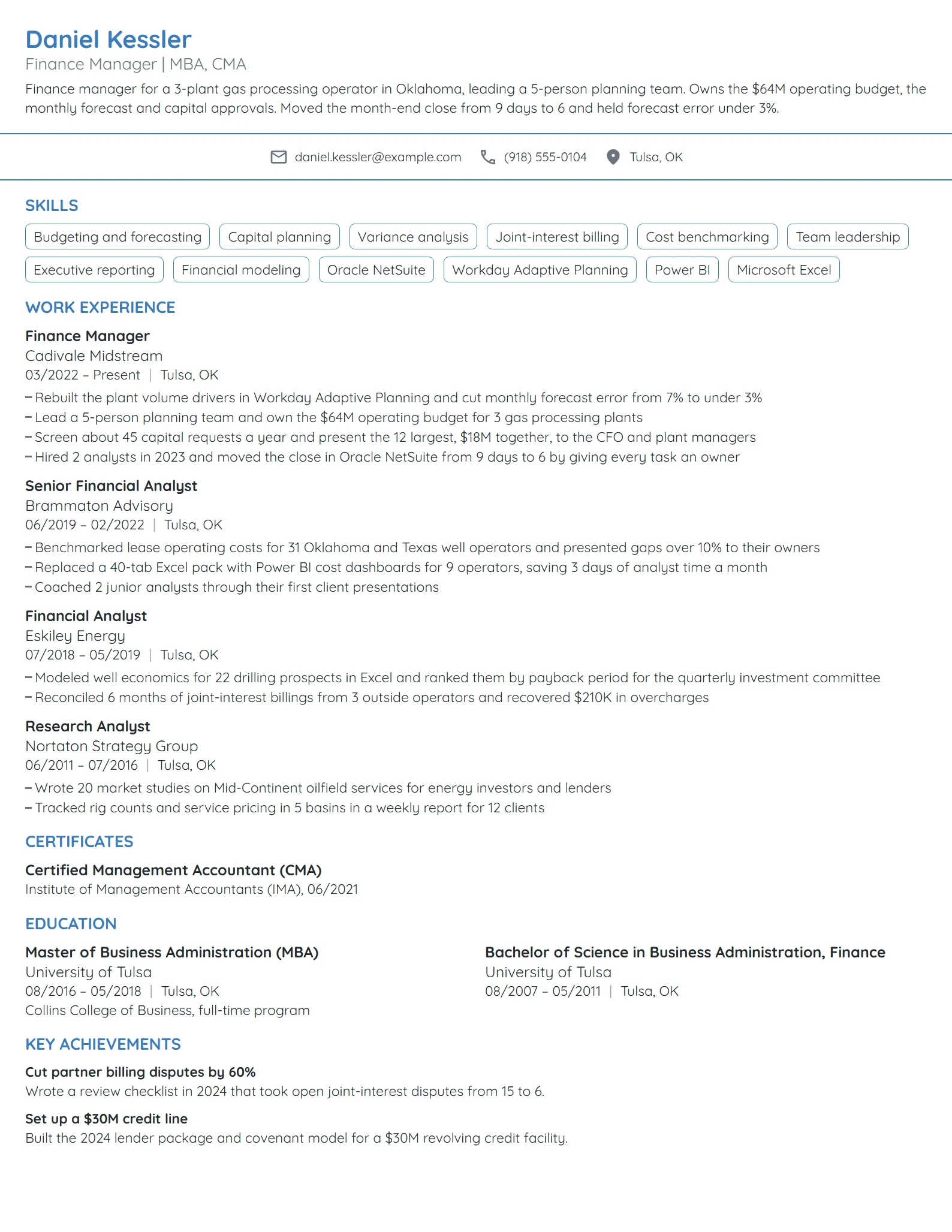 MBA Finance Manager resume example