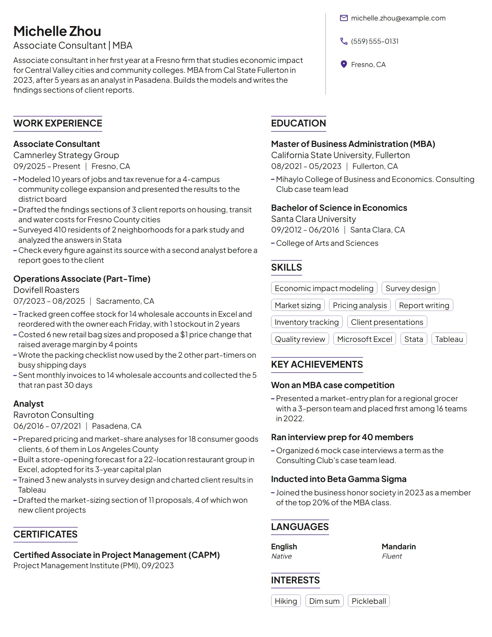 MBA Graduate resume example