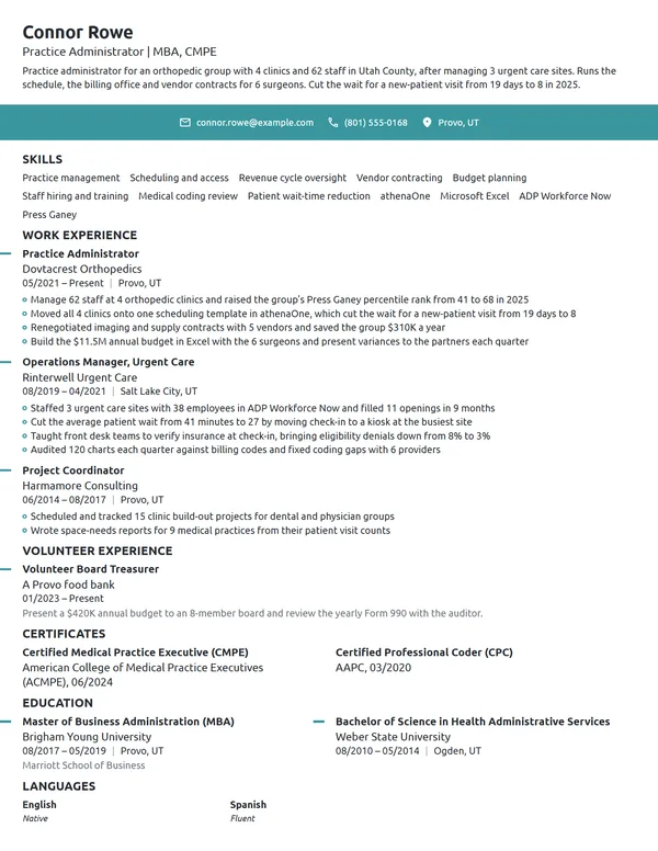 MBA Healthcare Administrator resume example