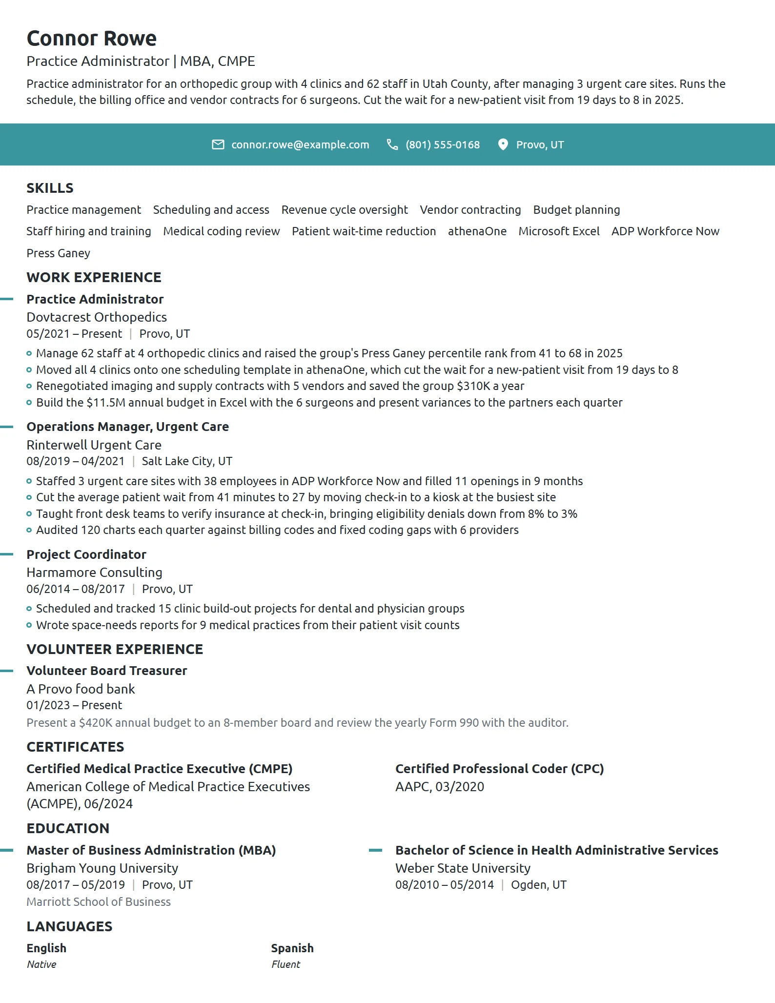MBA Healthcare Administrator resume example