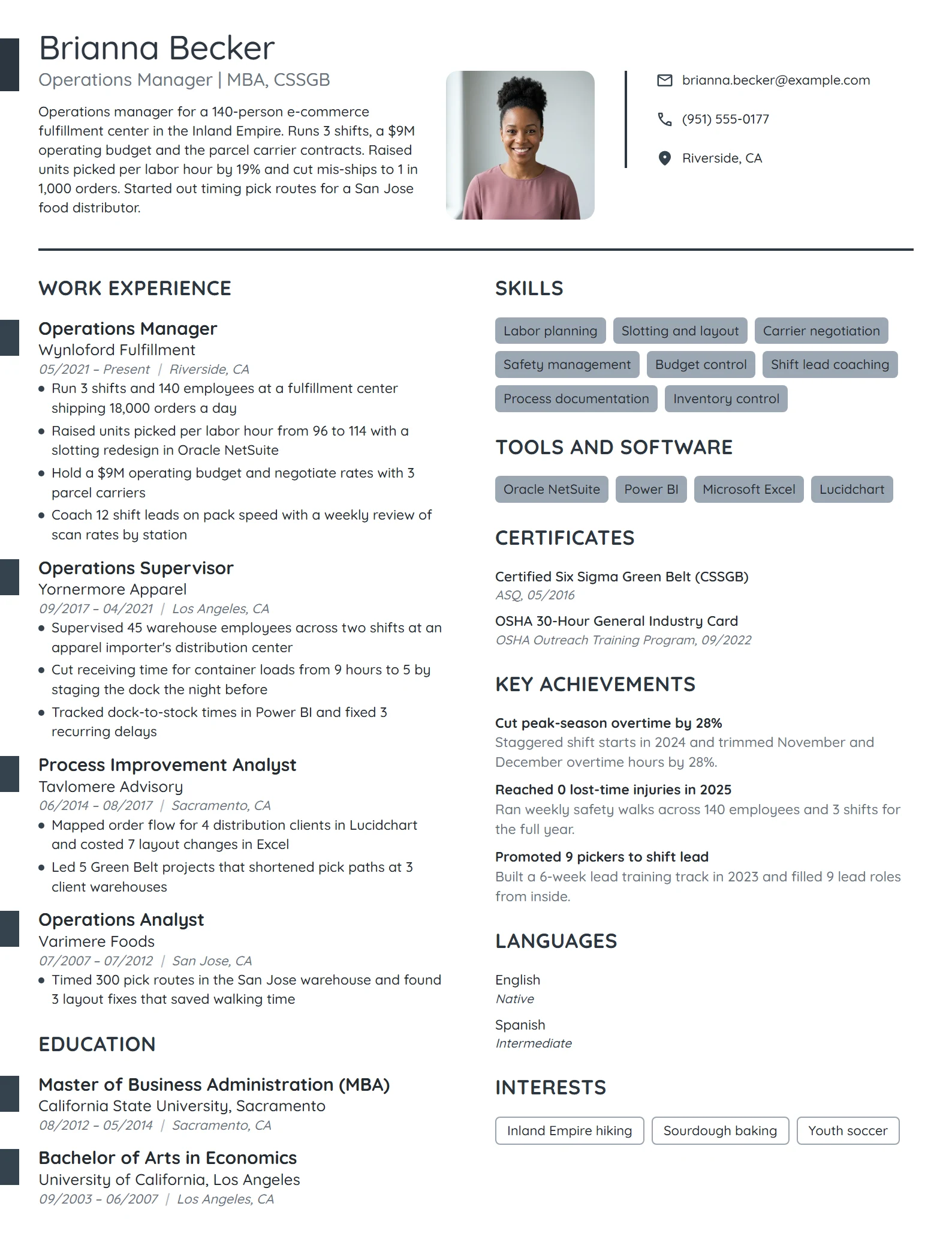 MBA Operations Manager resume example