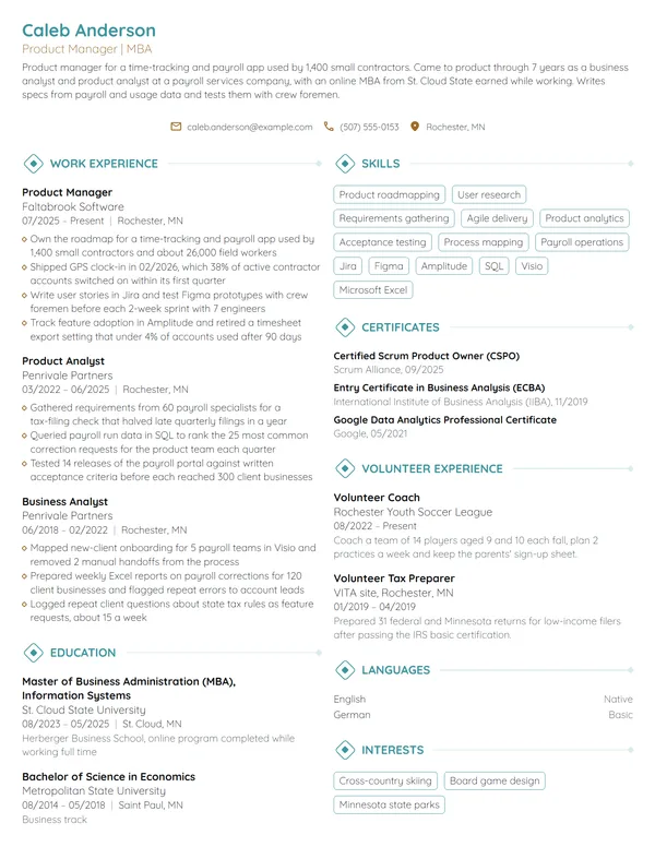 MBA Product Manager resume example