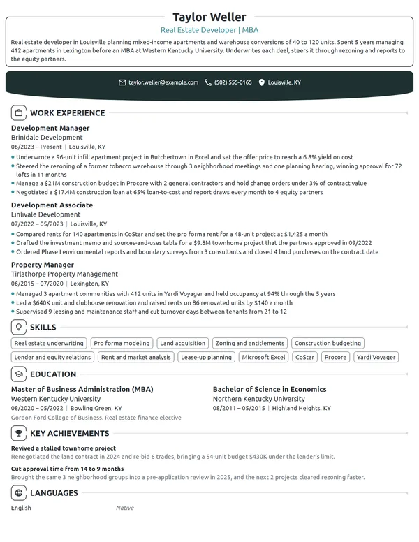 MBA Real Estate Developer resume example
