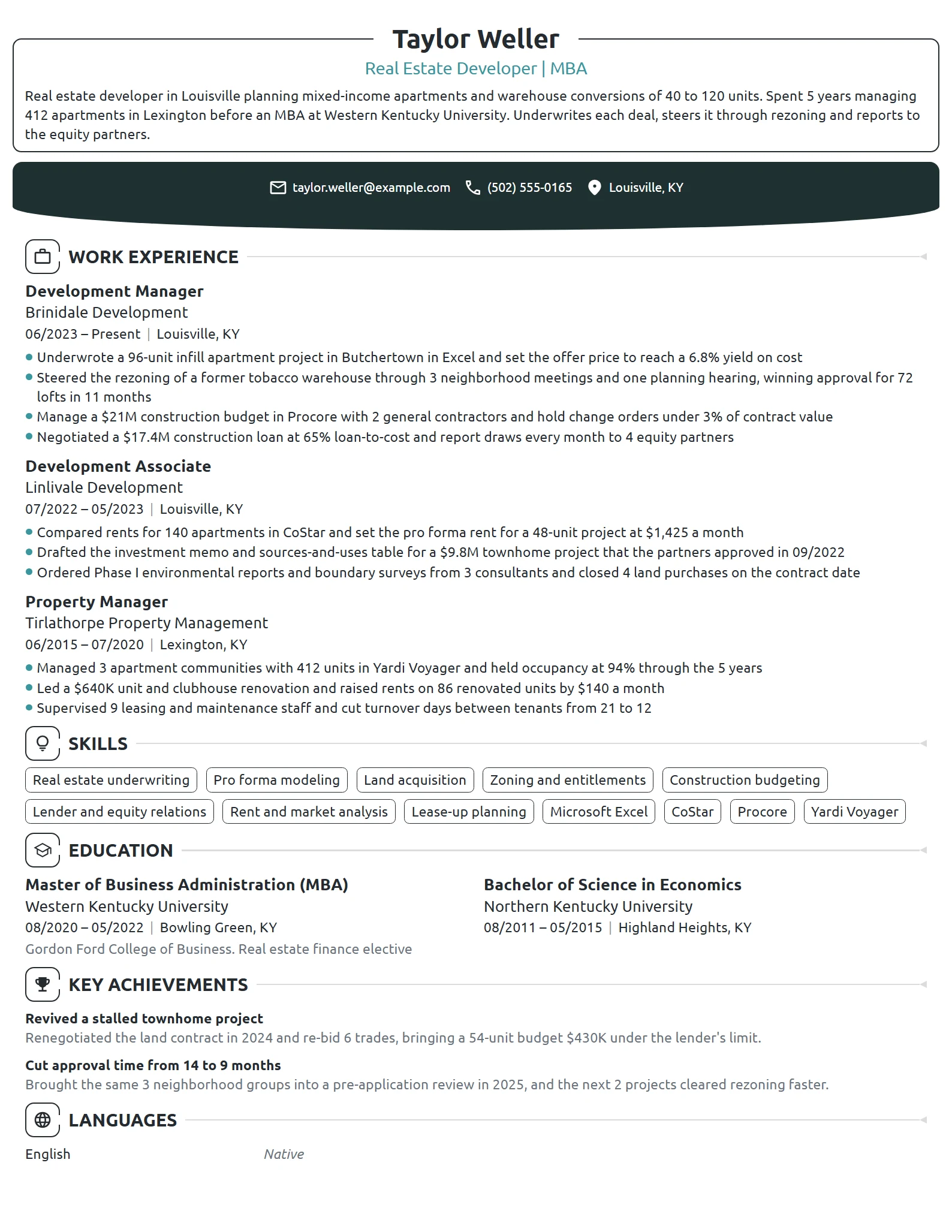 MBA Real Estate Developer resume example
