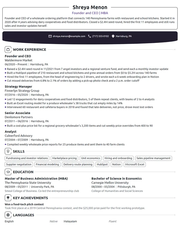 MBA Startup Founder resume example