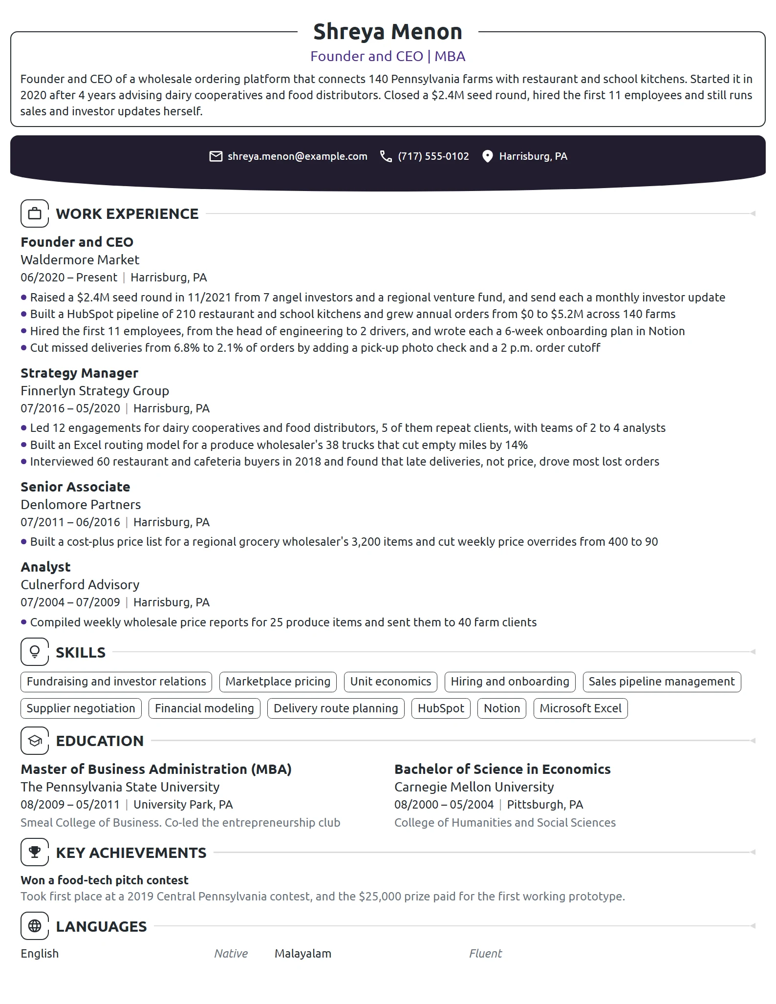 MBA Startup Founder resume example