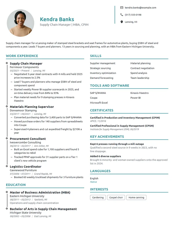 MBA Supply Chain Manager resume example