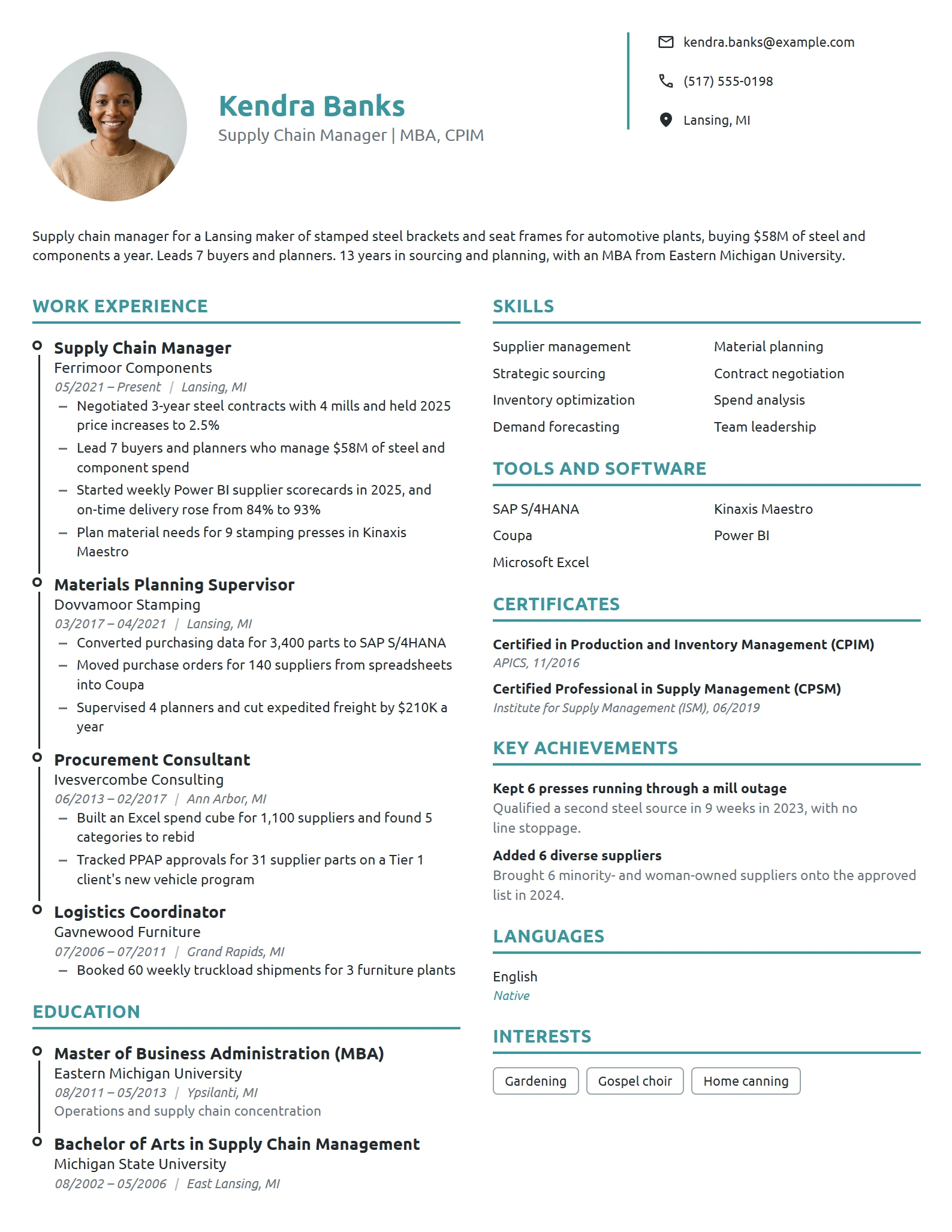 MBA Supply Chain Manager resume example